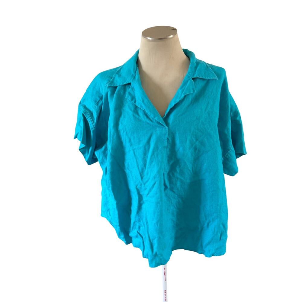 Soft Surroundings Teal Blue 100% Linen Plus Sz 2X Collar Blouse Button Detail